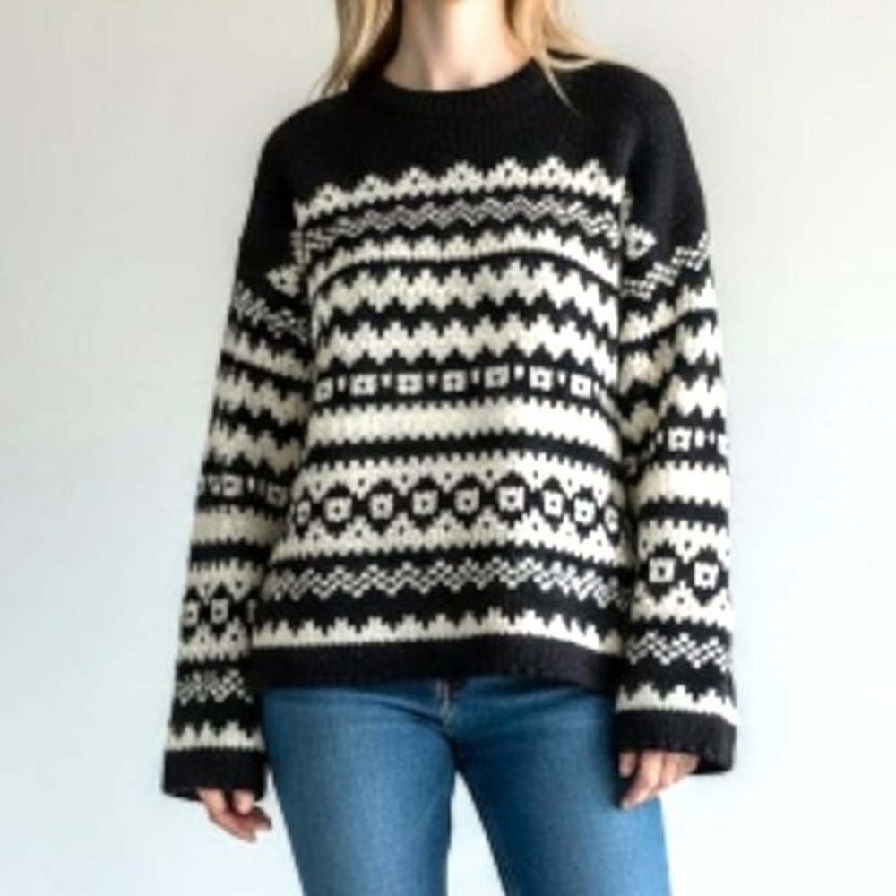 Velvet Jenny Graham Medium Wool Sweater Women's Black White Crew Neck Cable Knit